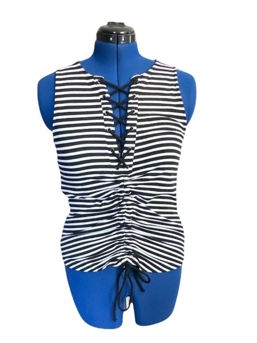 torrid Black & White Striped Lace-Up Ruched Tank Top